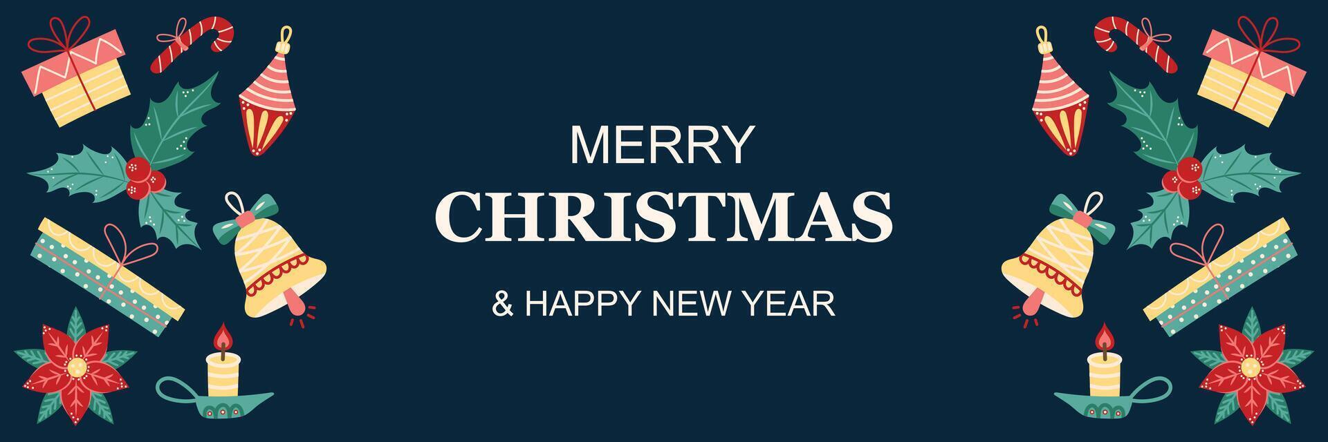 Horizontal merry Christmas banner with Christmas decorations. Greeting card on dark background. Christmas and New Year. illustration. vector