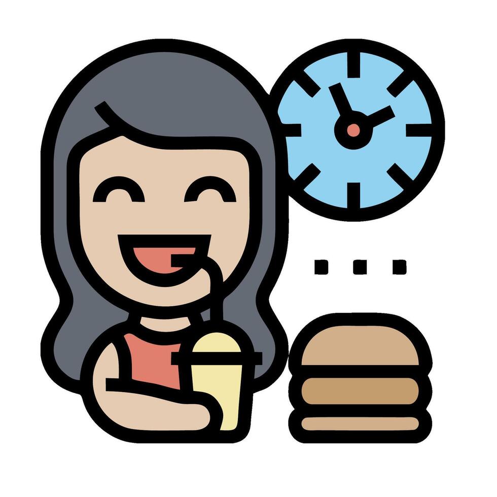 A woman is eating a hamburger and a clock is in the background vector