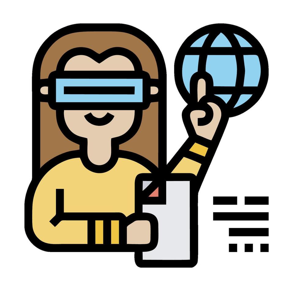A woman wearing a virtual reality headset holding a globe vector
