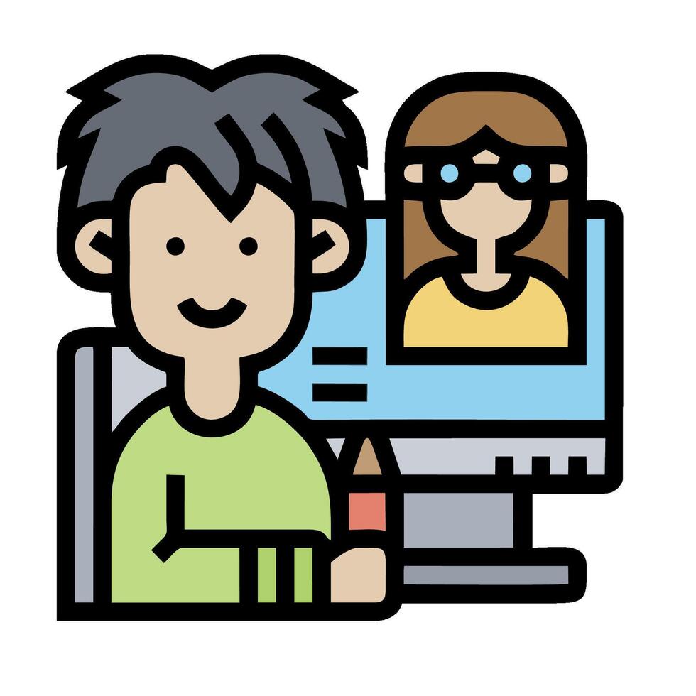 A man and woman are sitting at a computer vector