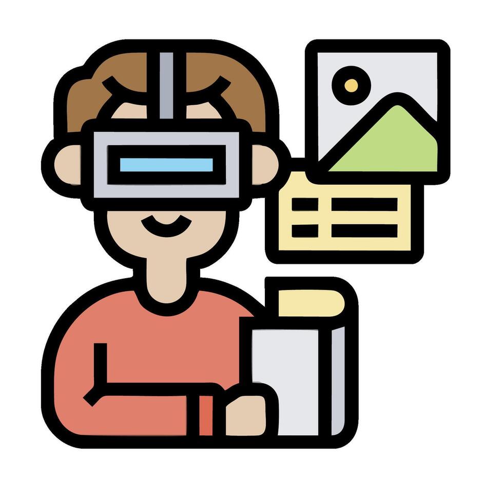 A man wearing a virtual reality headset and holding a book vector
