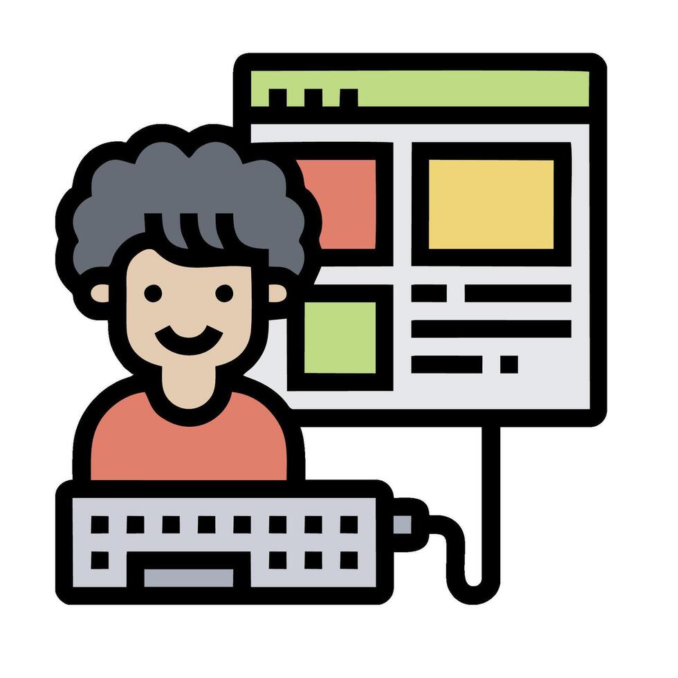 A woman is sitting at a computer with a keyboard vector
