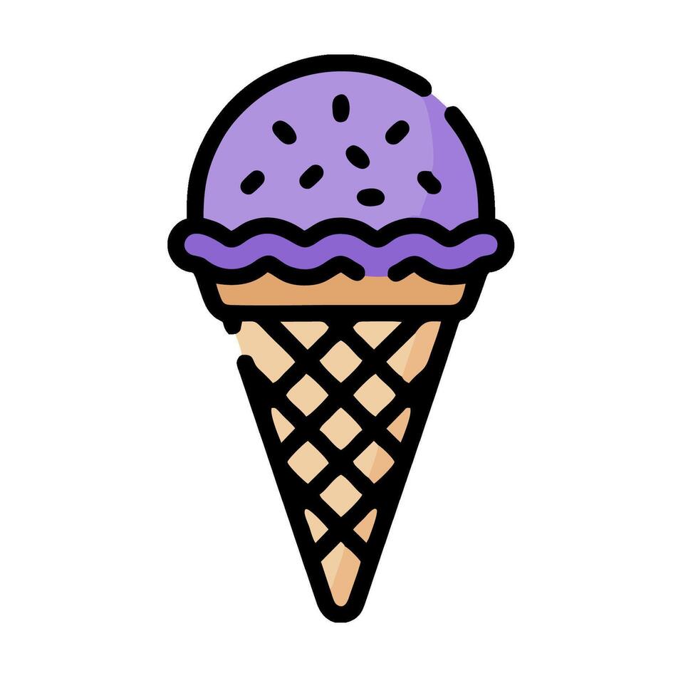 Ice cream cone with purple ice cream in waffle cone illustration vector