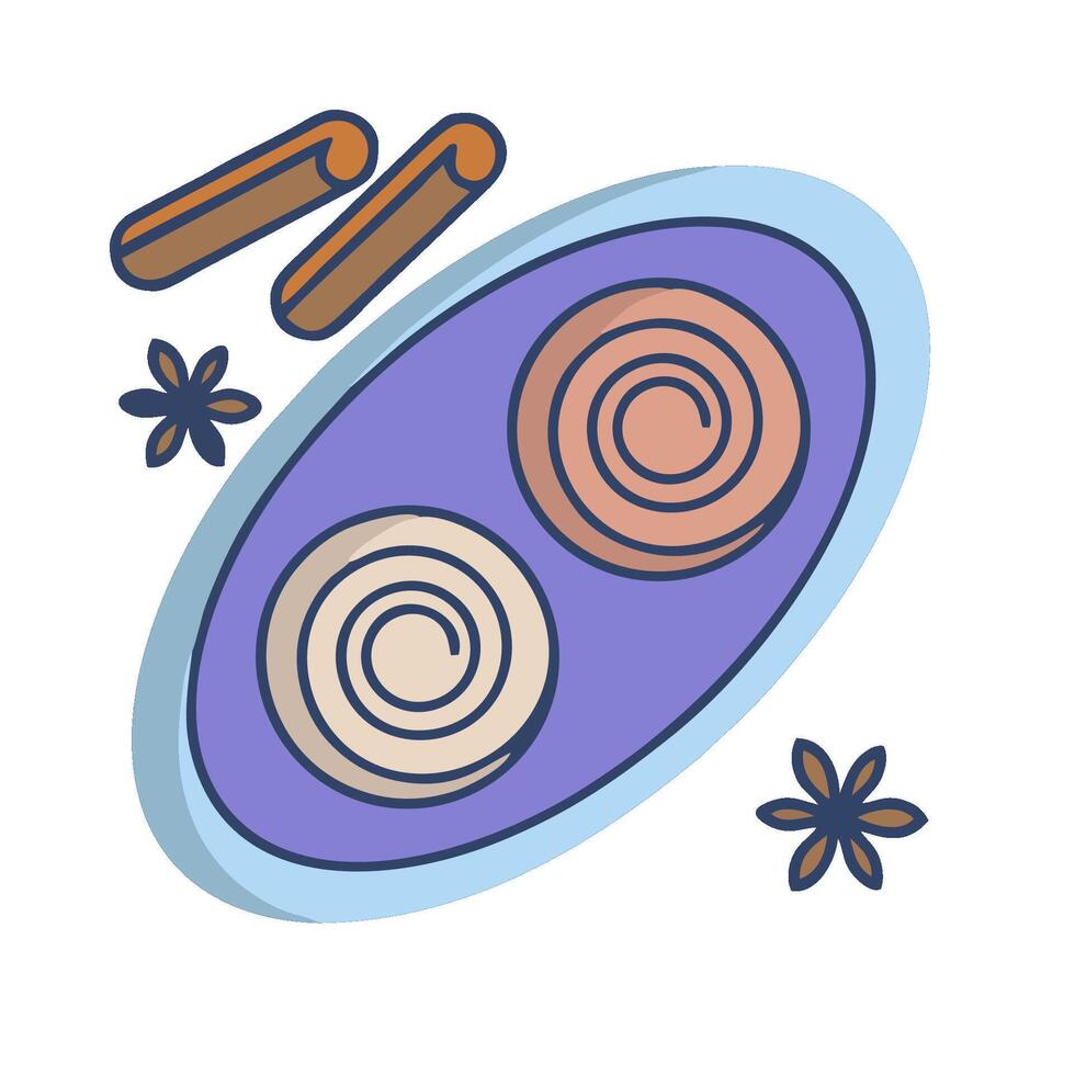 A plate with two rolls of dough and cinnamon sticks vector