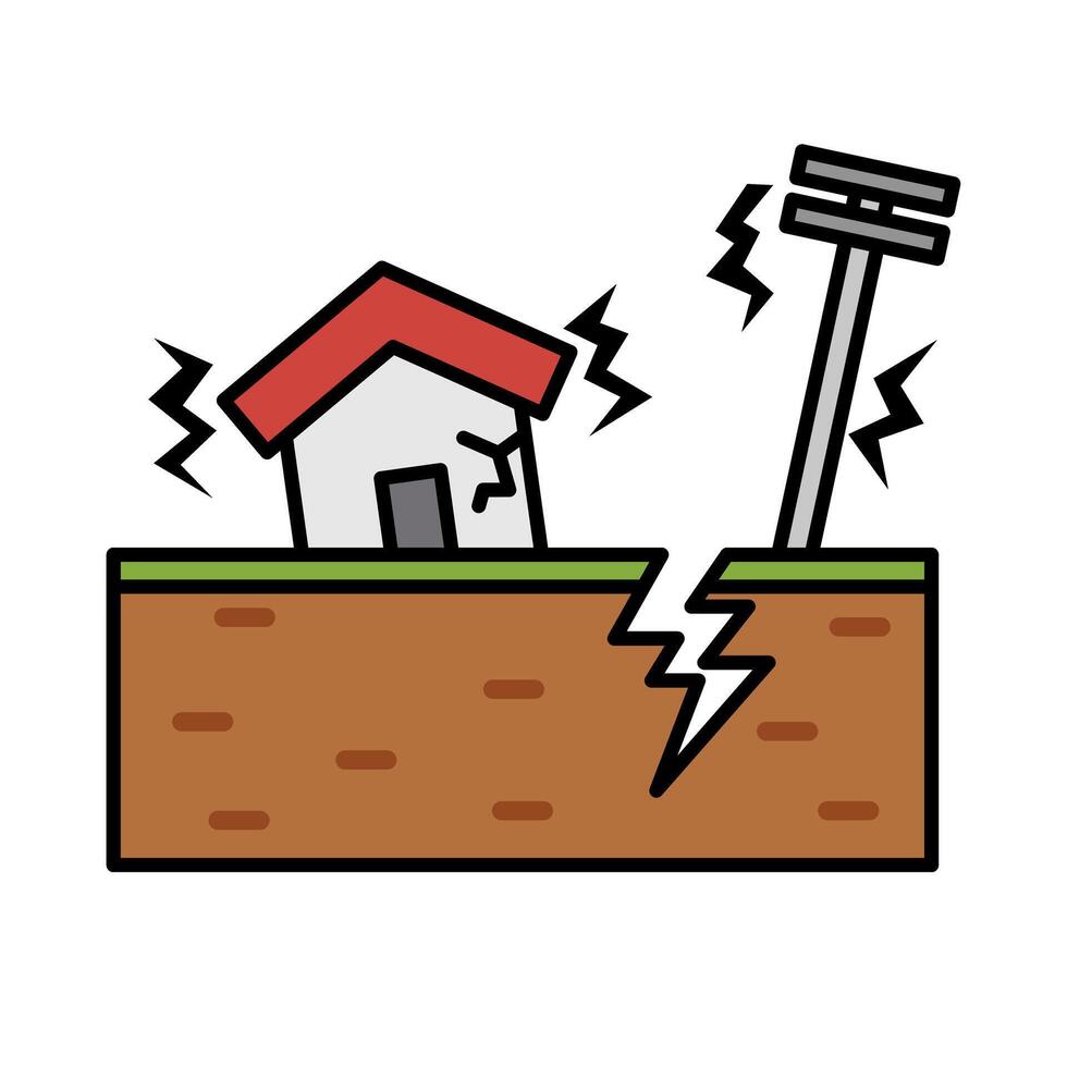 House and utility pole shake from earthquake and ground crack. vector