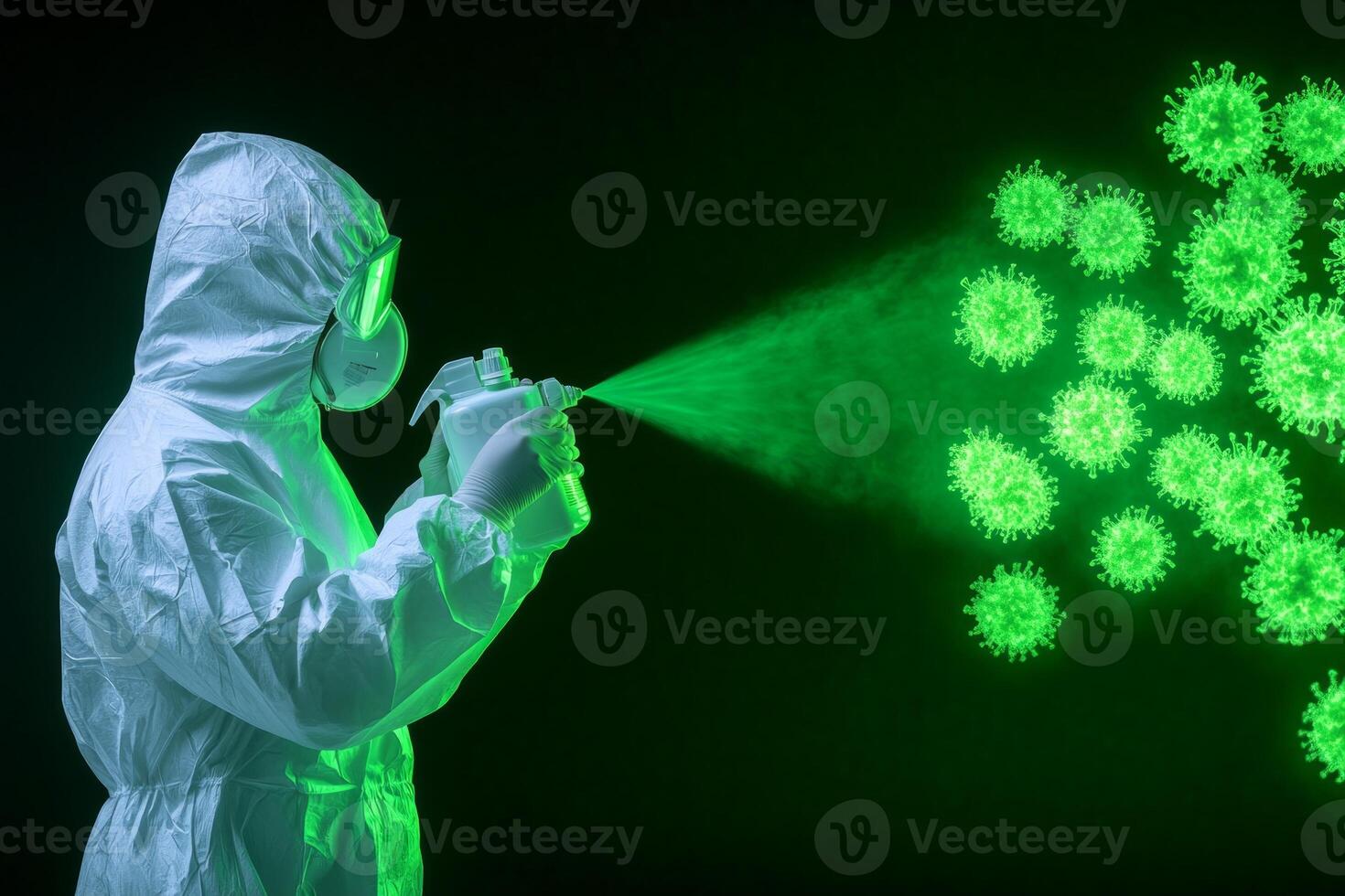 Scientist in a protective suit disinfecting while glowing bacteria are suspended in the air at a research facility photo