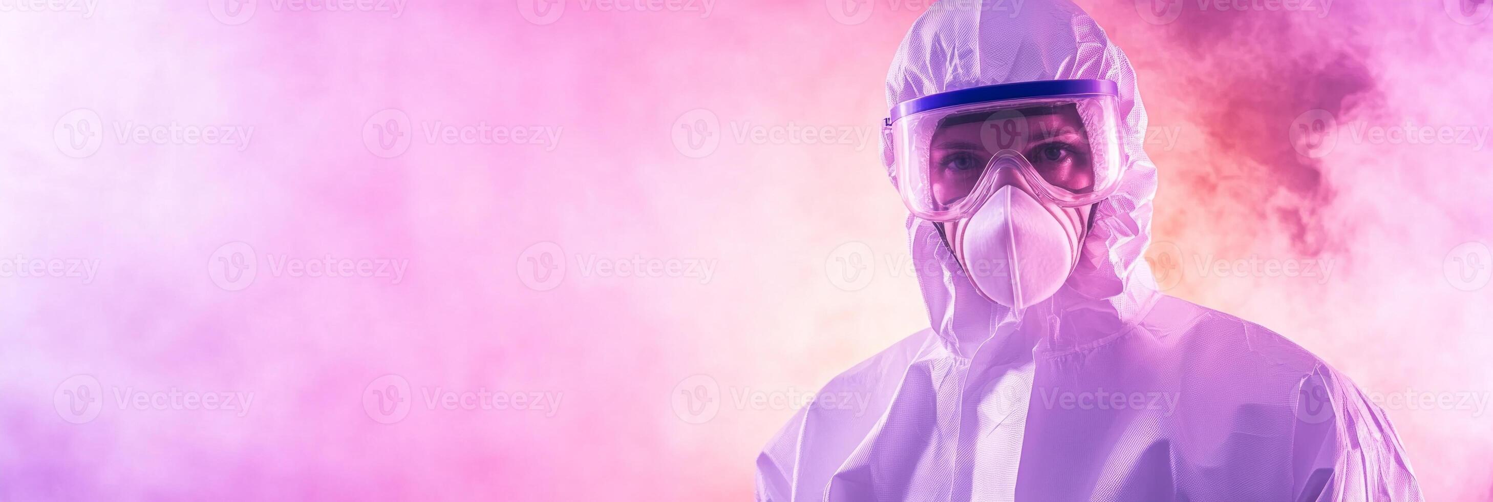 Researcher in protective gear studying viral samples amid smoke and light effects in a laboratory setting photo