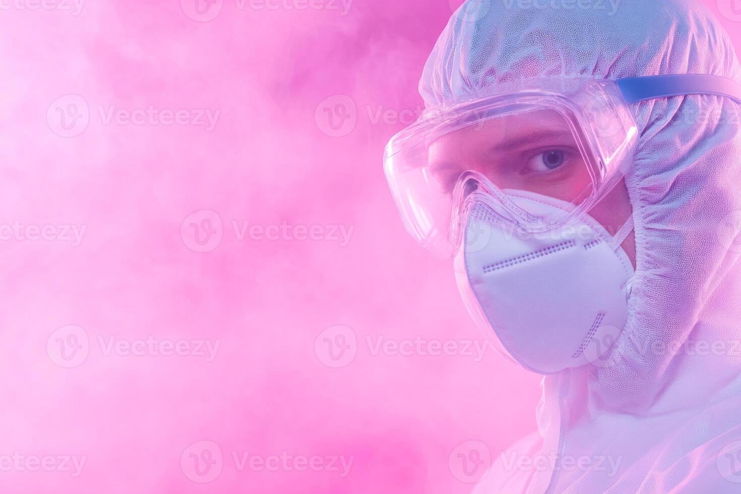 Researcher in protective gear examines viral samples surrounded by colorful smoke and dynamic lighting effects photo