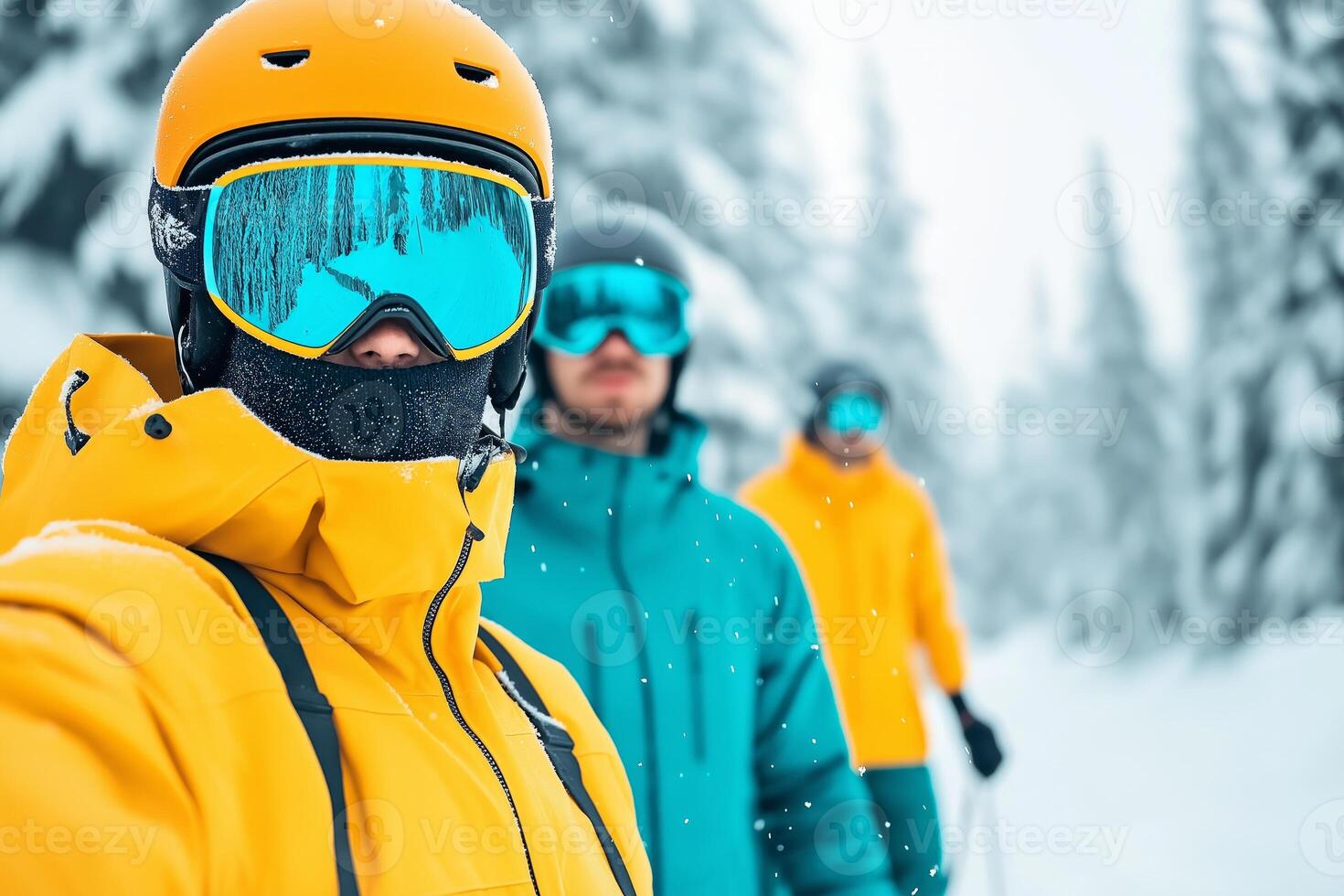 Friends enjoying a winter skiing adventure in matching outfits among pine trees on a snowy day photo