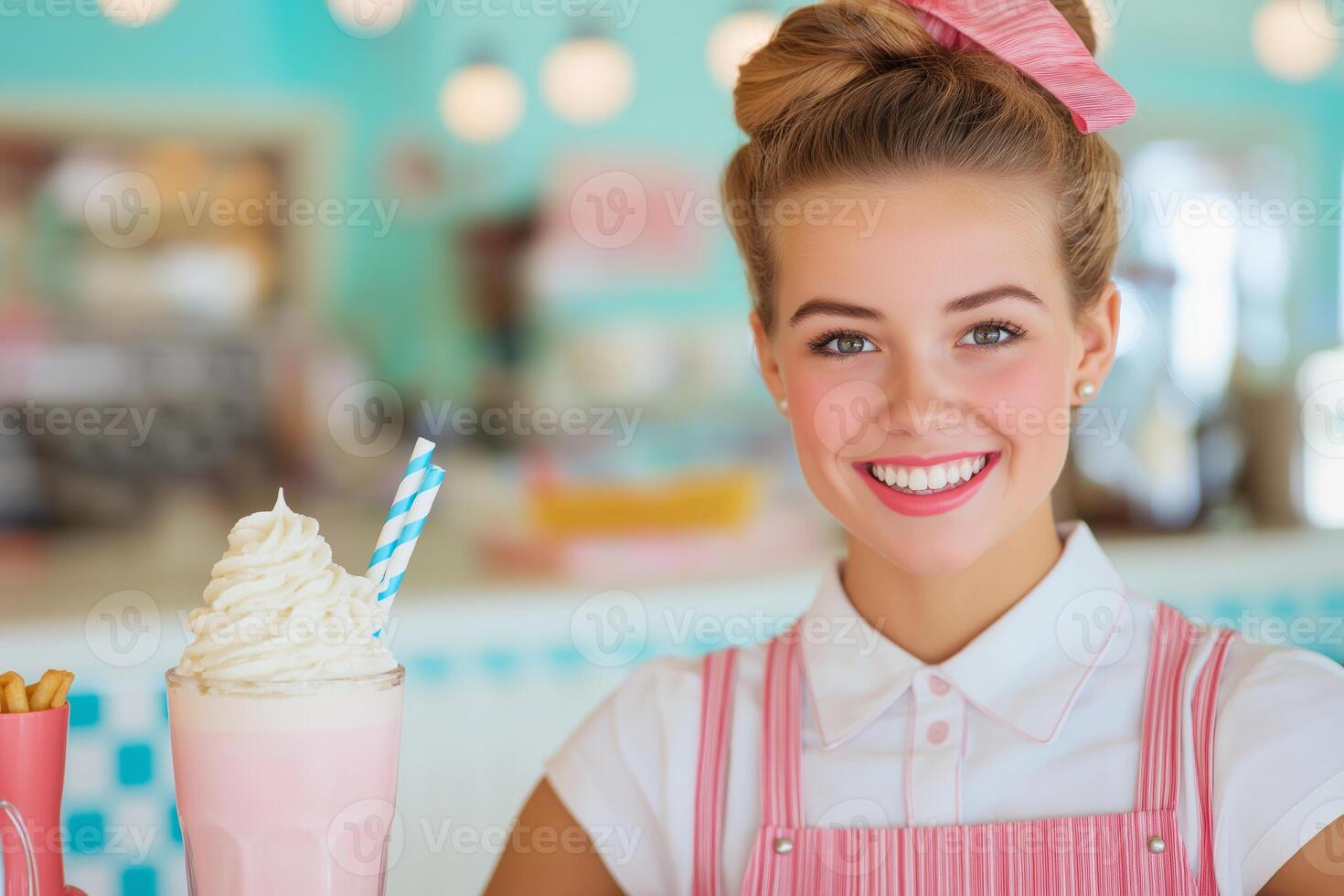 Cheerful waitress in 1950s diner uniform serving milkshakes and fries at a retro counter with bright colors photo