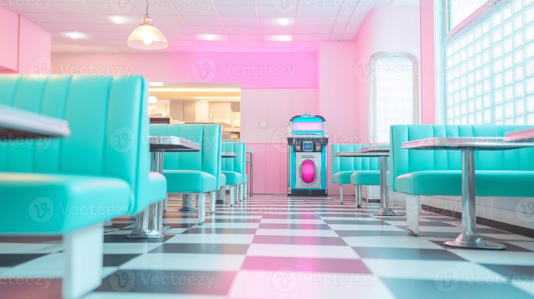 A classic vintage diner with teal leather seating and a jukebox in a retro ambiance from the mid-20th century photo