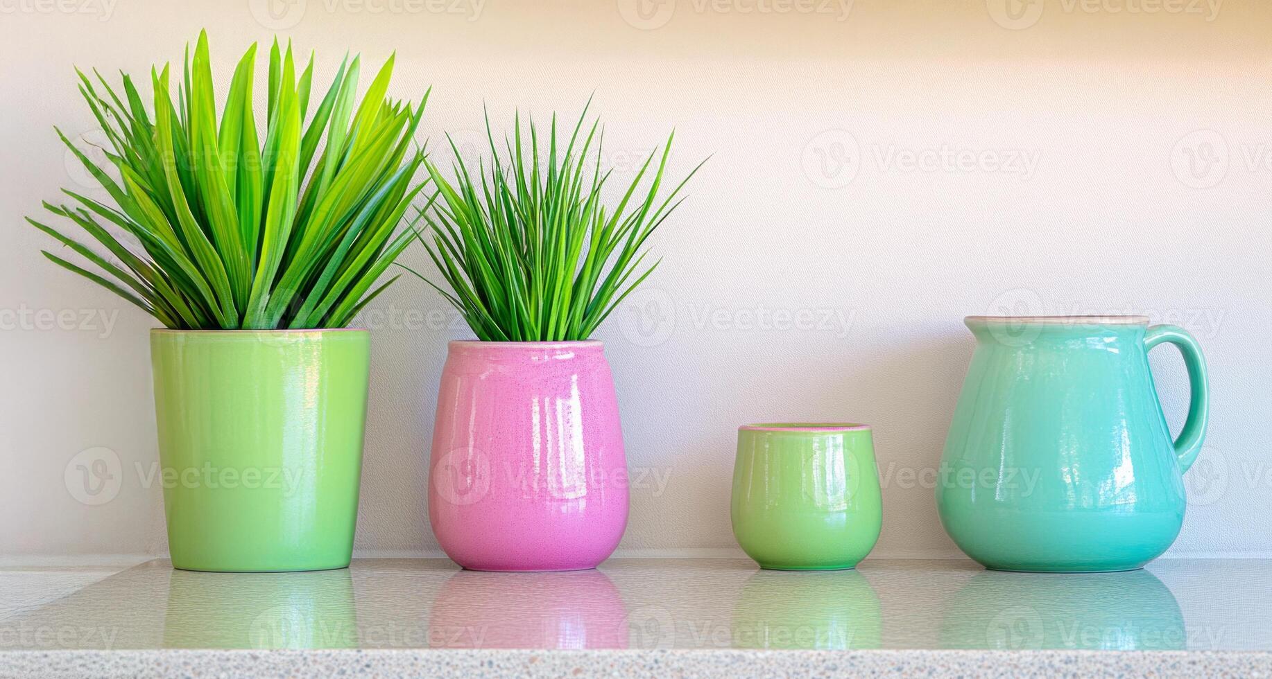 Artistic kitchen interior with colorful potted plants and stylish pitcher on the countertop photo