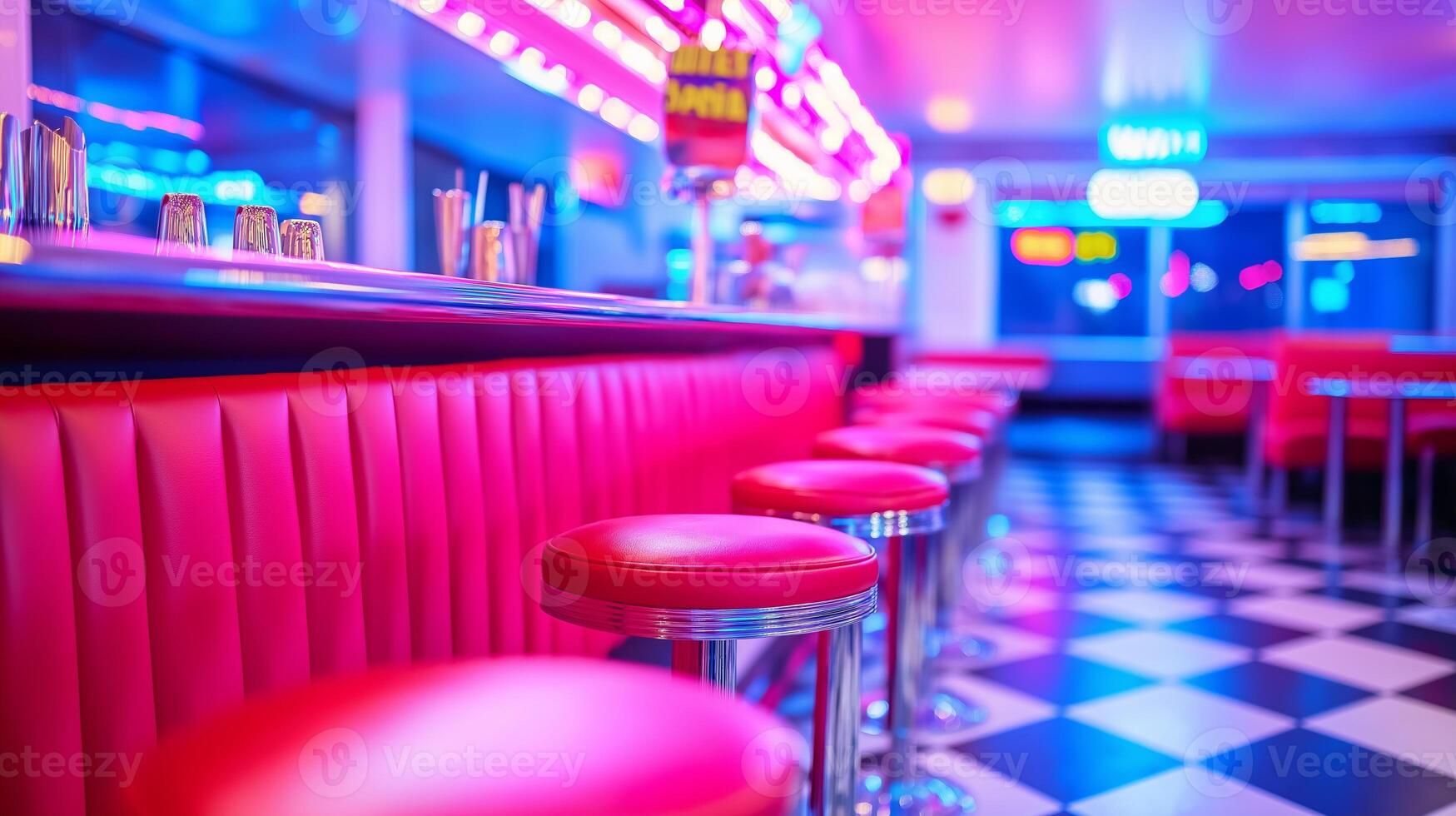 Classic 1950s American diner with vibrant neon lights and red leather booths in retro style photo