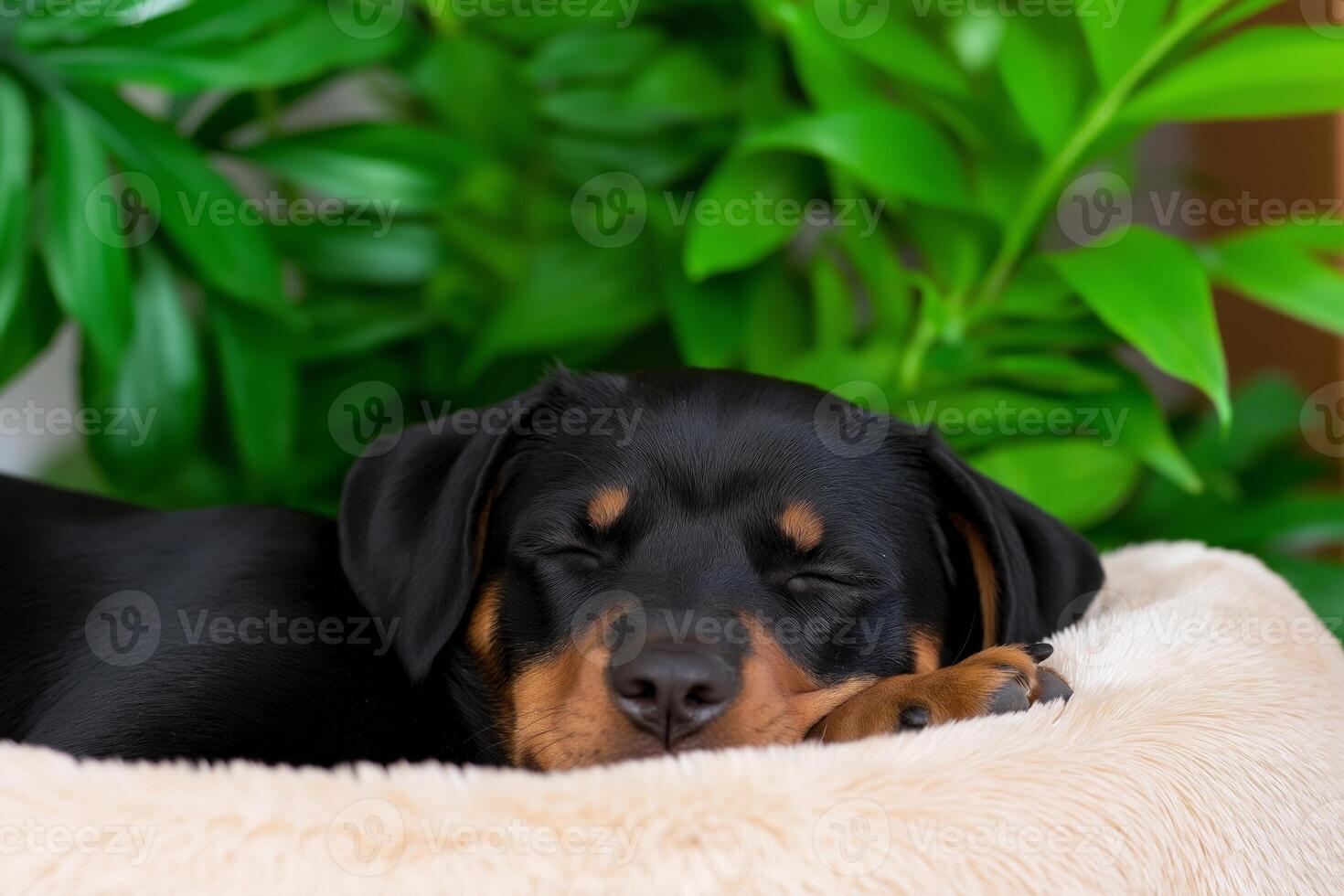 Cute Rottweiler puppy peacefully sleeping in a fluffy dog bed surrounded by lush indoor plants and soft lighting photo