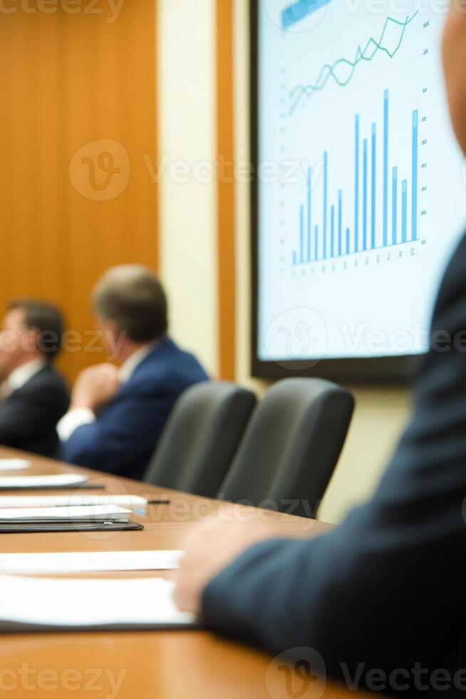Financial consultant presents growth charts to clients in a modern boardroom setting photo