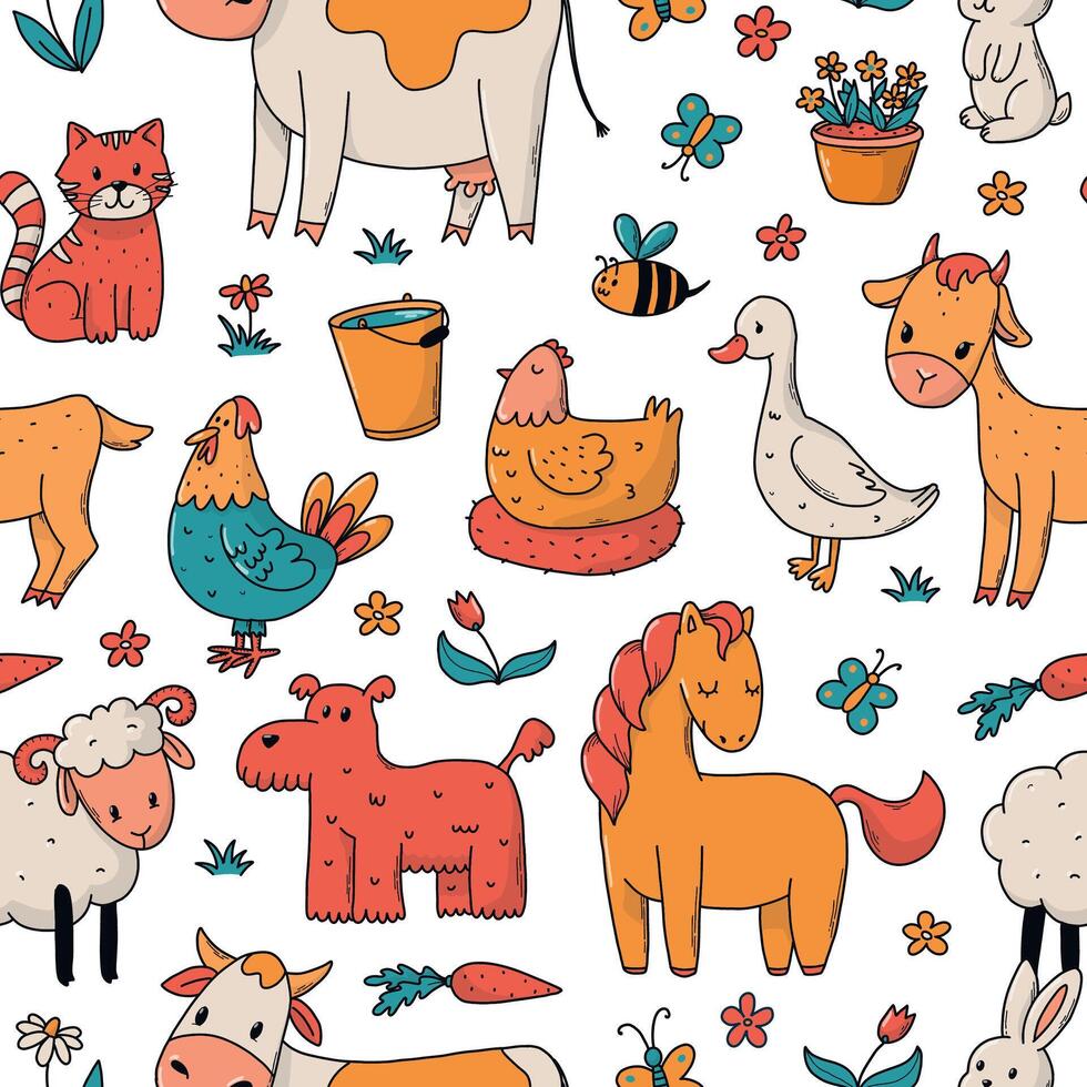 Farm seamless pattern with cute animals and flowers. Countryside textile print, wallpaper, background, digital paper, scrapbooking, packaging, wrapping paper, etc. EPS 10 vector
