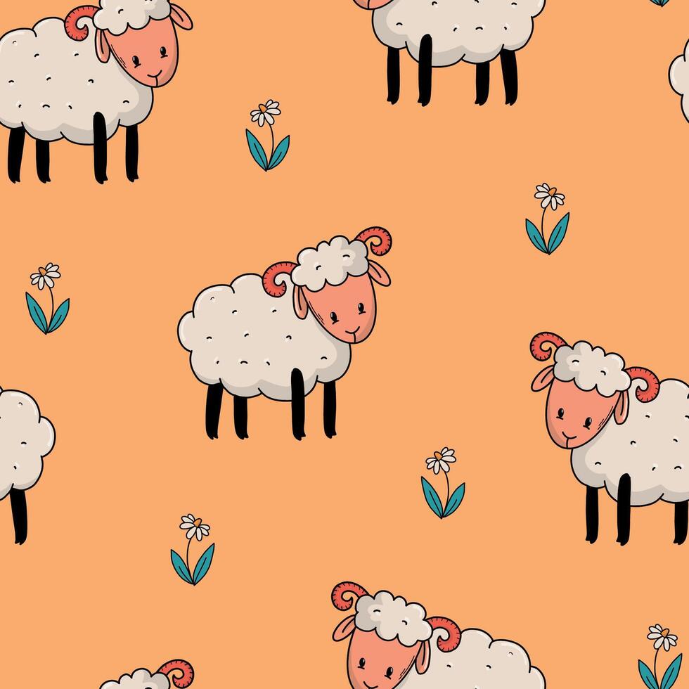 Lambs seamless pattern with flowers, farm wallpaper, nursery print, scrapbooking, stationery, packaging, wrapping paper, etc. EPS 10 vector