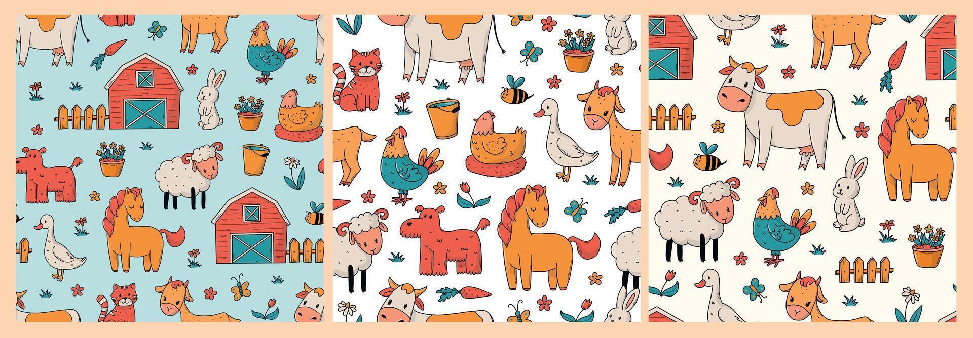 farm animals nursery seamless patterns collection for prints, wallpaper, digital paper, scrapbooking, stationery, wrapping paper, etc. EPS 10 vector