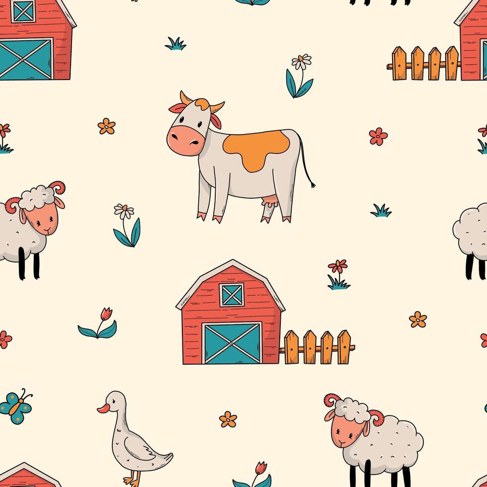 Farm animals and barns seamless pattern for nursery prints, wallpaper, backgrounds, scrapbooking, stationery, wrapping paper, textile, kitchenware, etc. EPS 10 vector