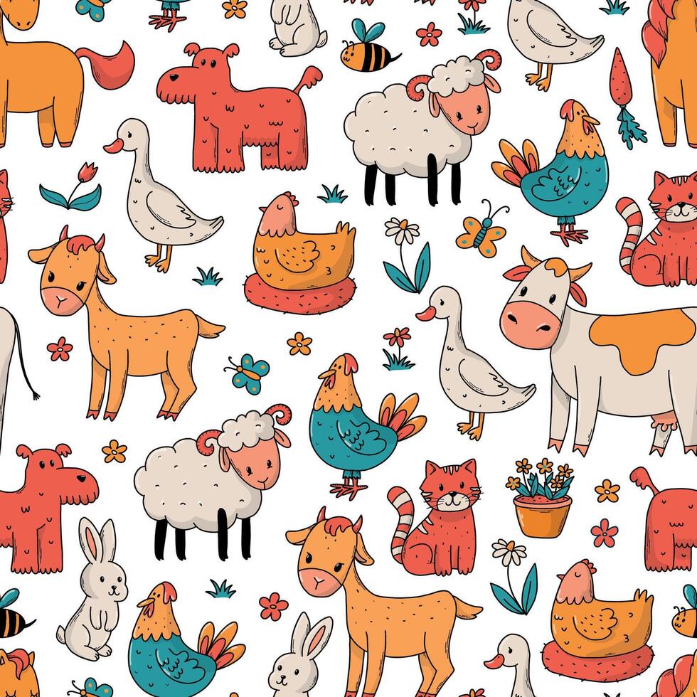 Farm animals seamless pattern with cute doodles, cartoon elements for wallpaper, textile prints, towels, kitchenware, digital paper, scrapbooking, packaging, etc. EPS 10 vector