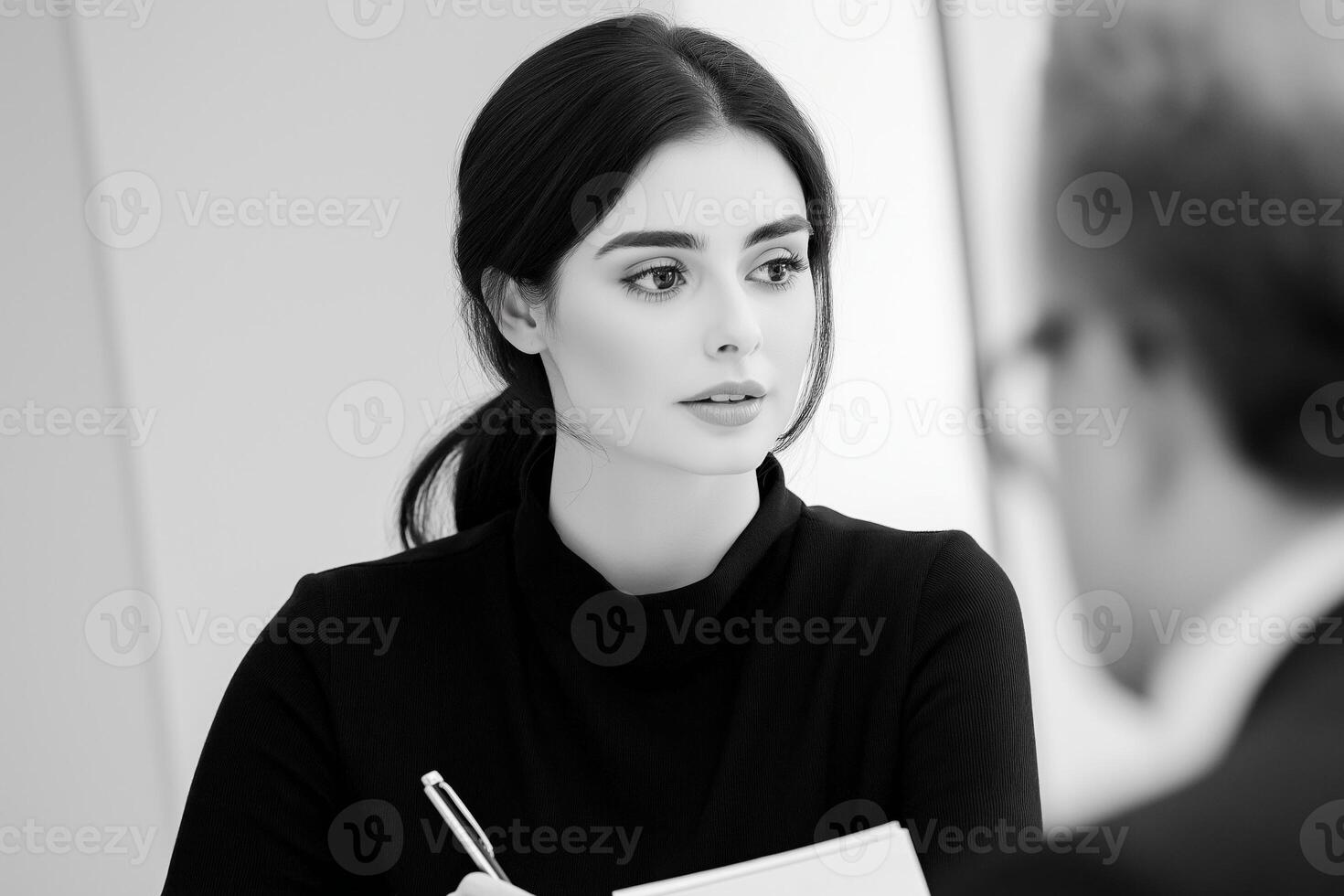 Young finance consultant discusses investment strategies with client in modern office setting photo