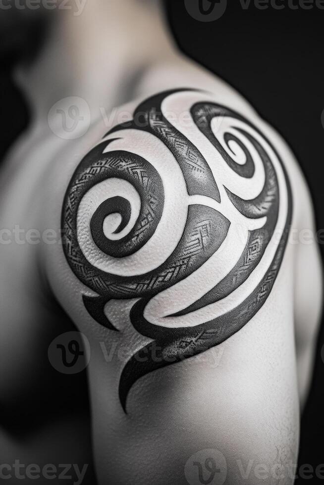 A close-up of a tribal tattoo on the shoulder, featuring intricate swirling patterns and sharp lines. photo