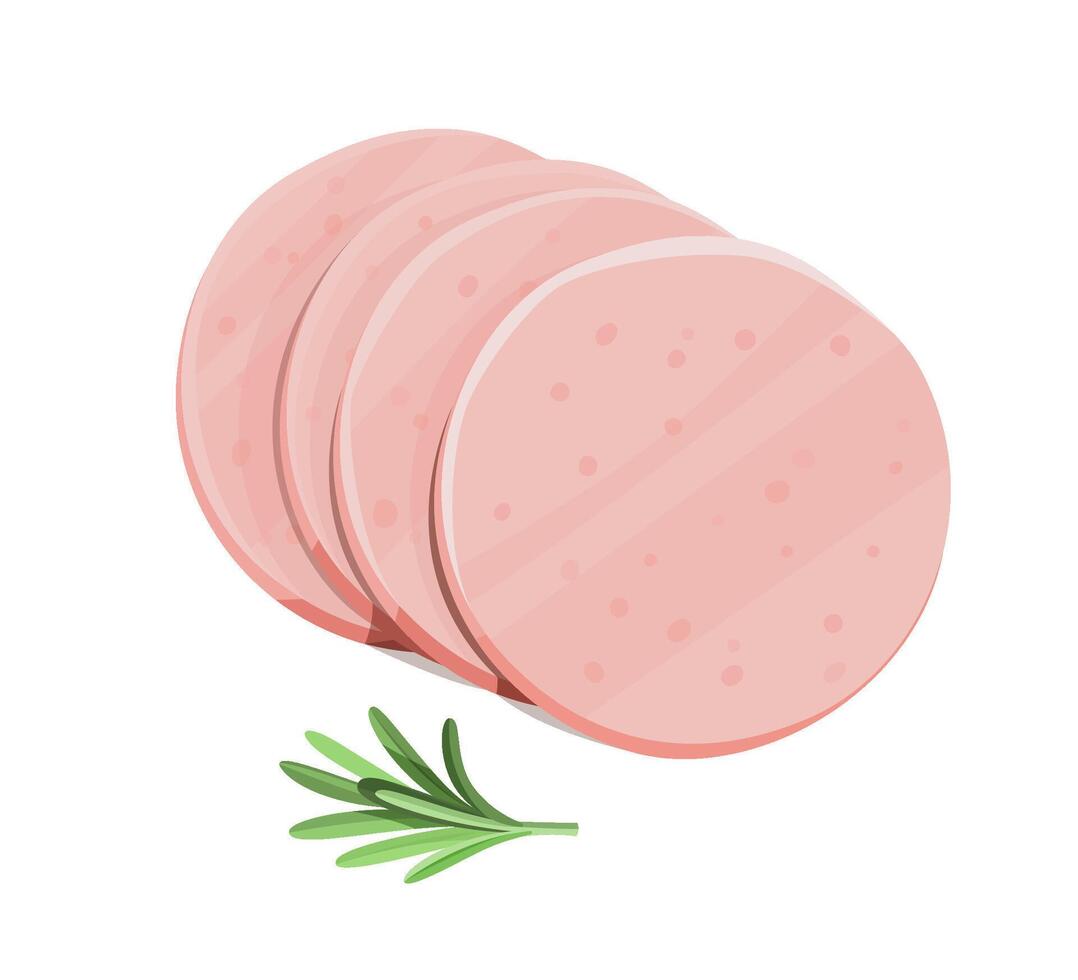 Sliced bologna sausage with herb on white. vector