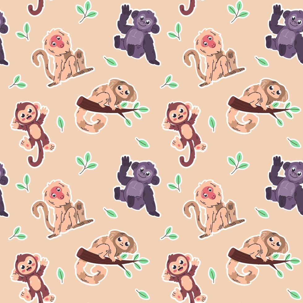 Cute pattern with various types of monkeys vector