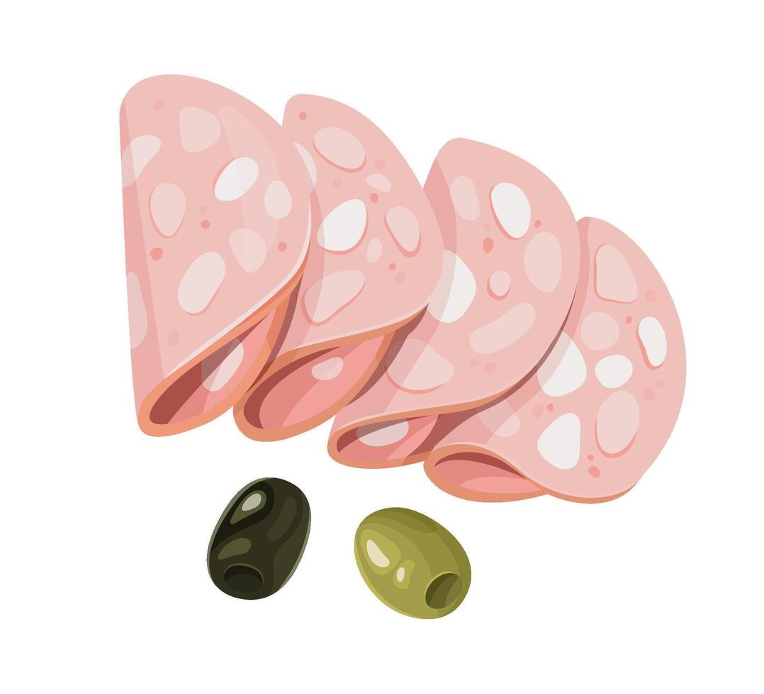 Sliced mortadella with green and black olives vector