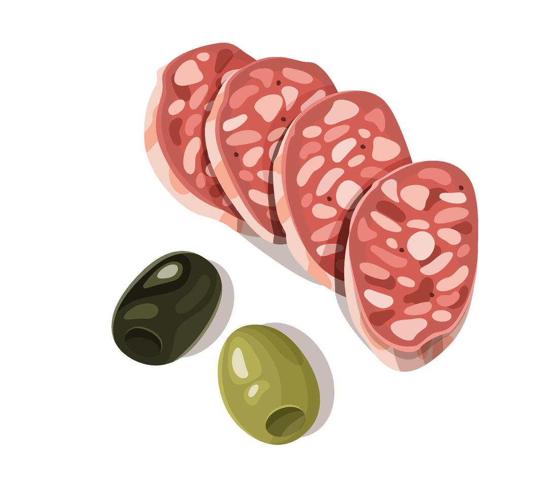 Sliced salami with green and black olives vector
