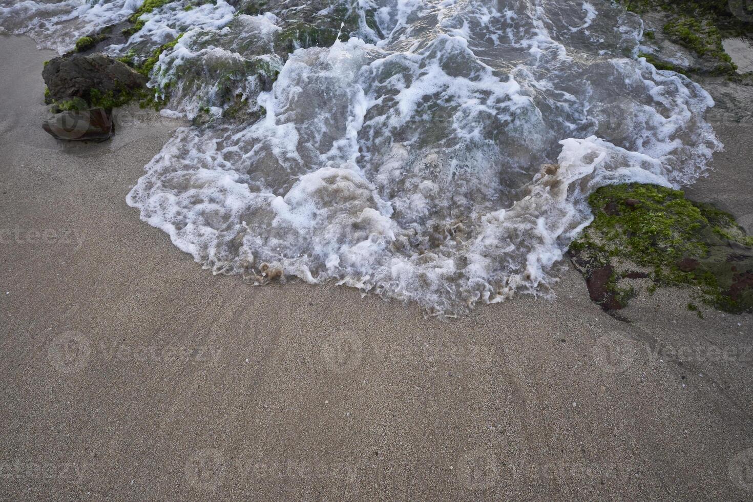 Close up of waves on sandy beach and coral reef covered by moss photo