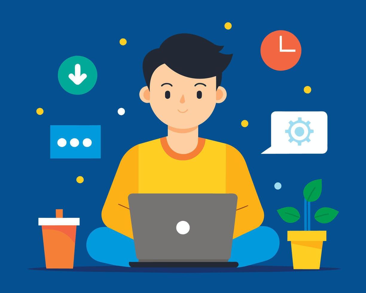 A man sitting on the floor with a laptop and icons around him vector