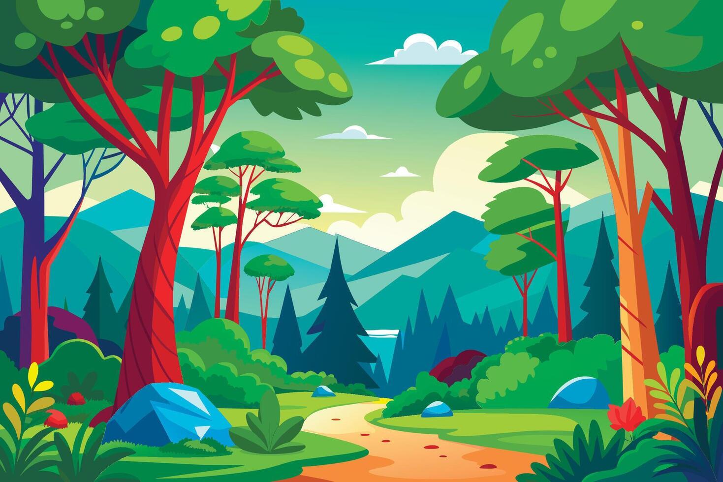 illustration of a colorful forest landscape with a path and trees vector