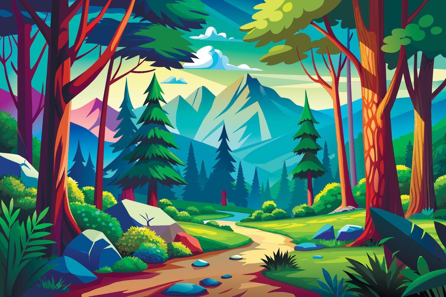 A painting of a forest with a path and trees vector