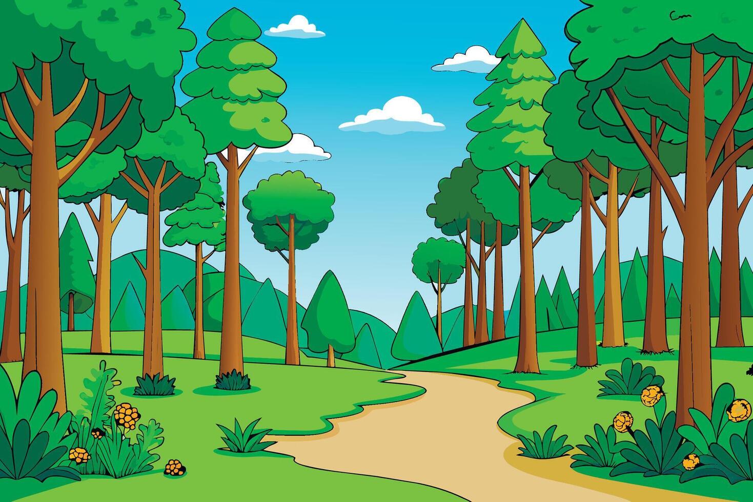 Cartoon illustration of a forest path vector