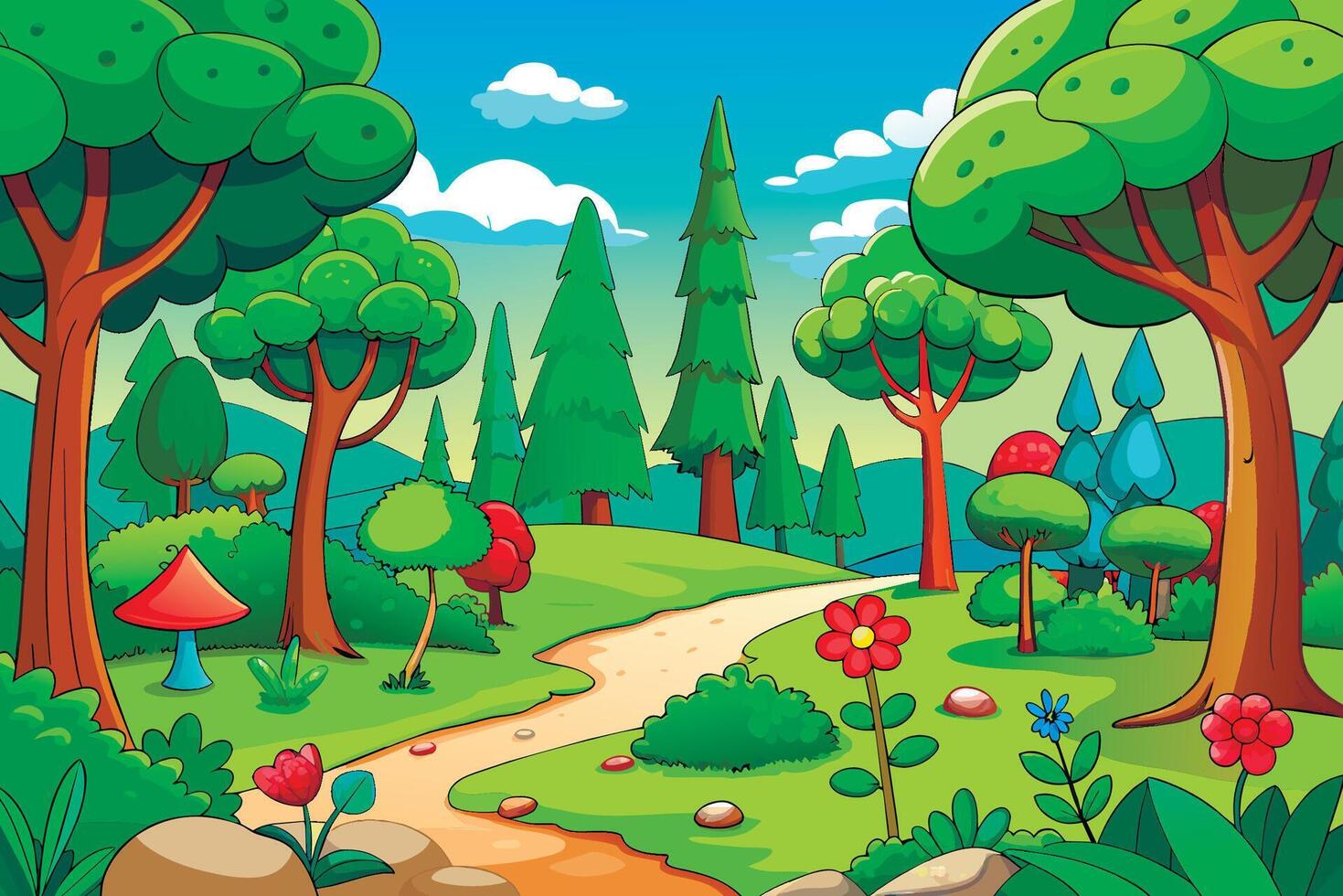 Cartoon forest scene with path and trees vector