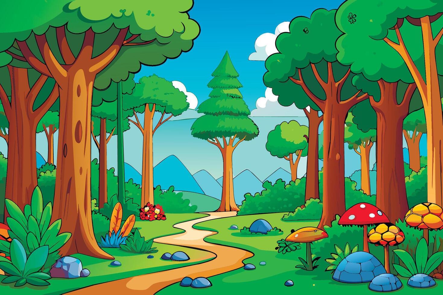 Cartoon forest scene with path and mushrooms vector