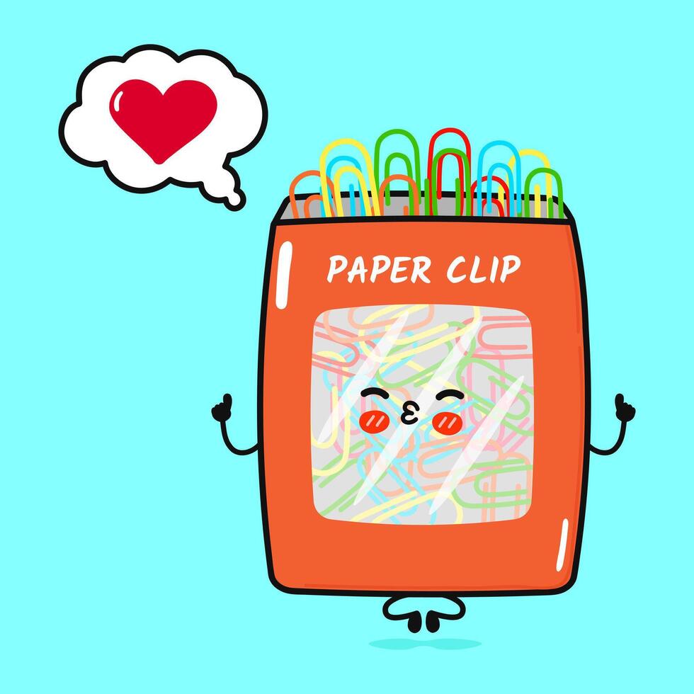 Paper clip doing yoga with speech bubble. hand drawn cartoon kawaii character illustration icon. Isolated on blue background. Paper clip in love character concept vector