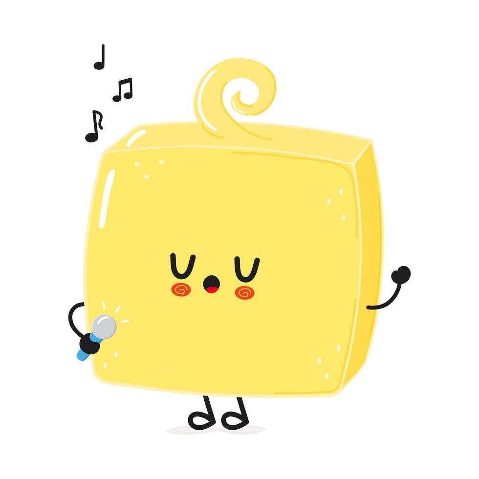 Butter sings into a microphone character. hand drawn cartoon kawaii character illustration icon. Isolated on white background. Butter character concept vector