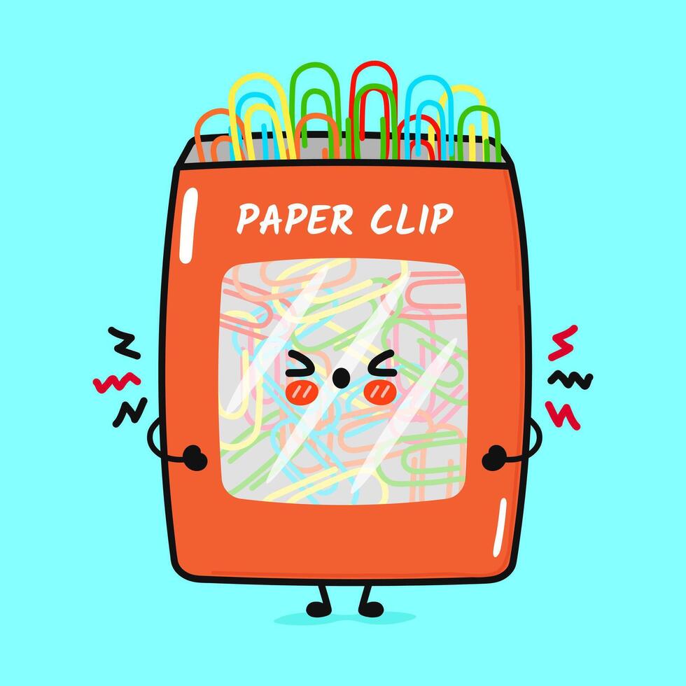 Angry Paper clip character. hand drawn cartoon kawaii character illustration icon. Isolated on blue background. Sad Paper clip character concept vector