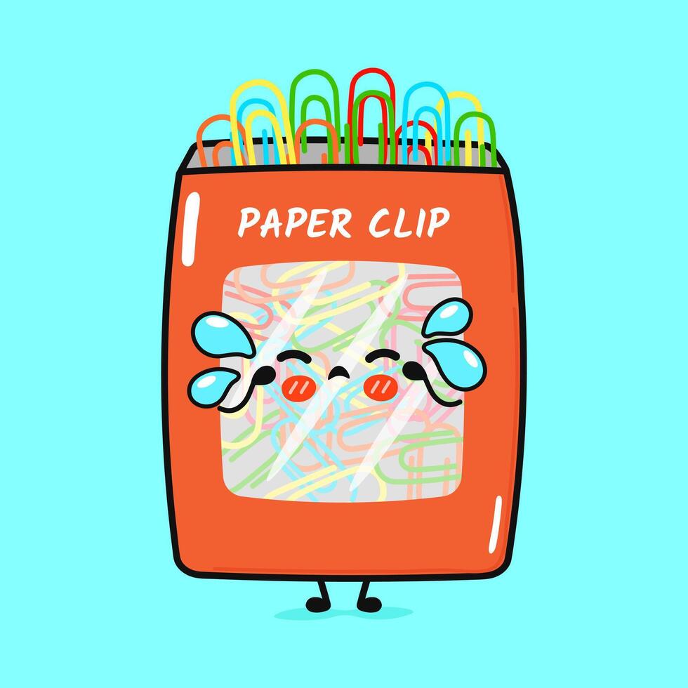 Crying Paper clip character. hand drawn cartoon kawaii character illustration icon. Isolated on blue background. Sad Paper clip character concept vector