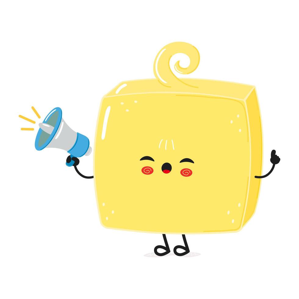 Butter with loudspeaker character. hand drawn cartoon kawaii character illustration icon. Isolated on white background. Butter screams character concept vector