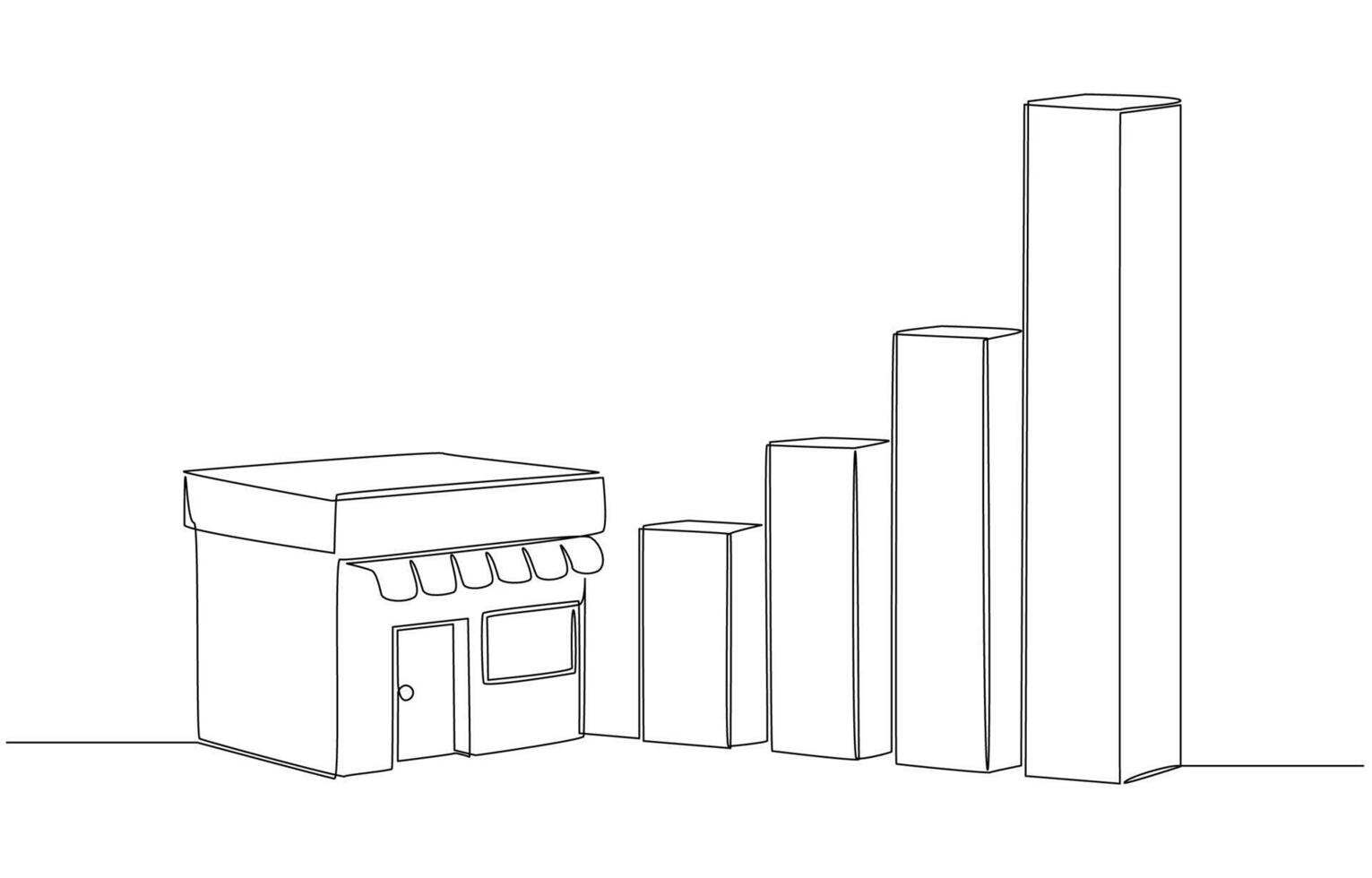 Continuous one line drawing of franchise shop and rising bar graph, business growth through franchise expansion concept, single line art. vector