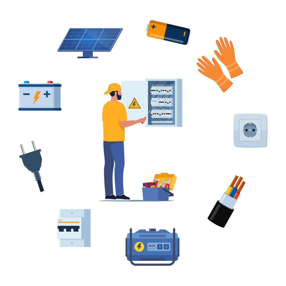 Essential Electrical Repair Tools for Professional Technician, Socket Maintenance Service. Electrician worker equipment for electric power system inspection. Electricity, energy concept. . vector