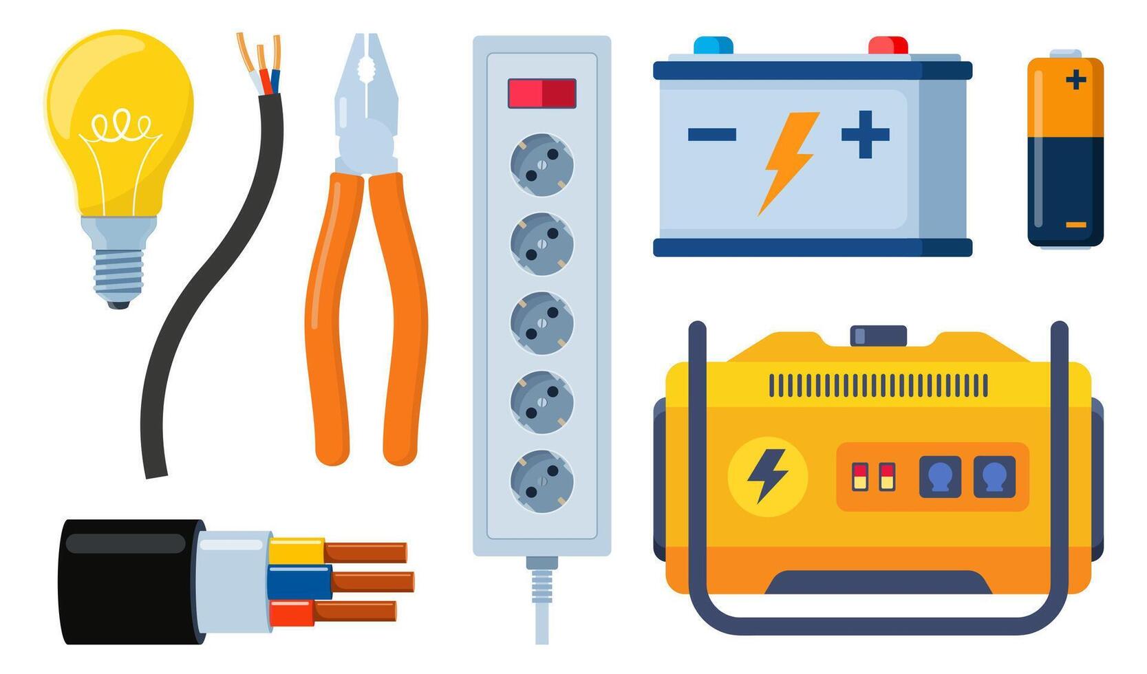 Essential Electrical Repair Tools for Professional Technician, Socket Maintenance Service. Electrician worker equipment for electric power system inspection. Electricity, energy concept. . vector