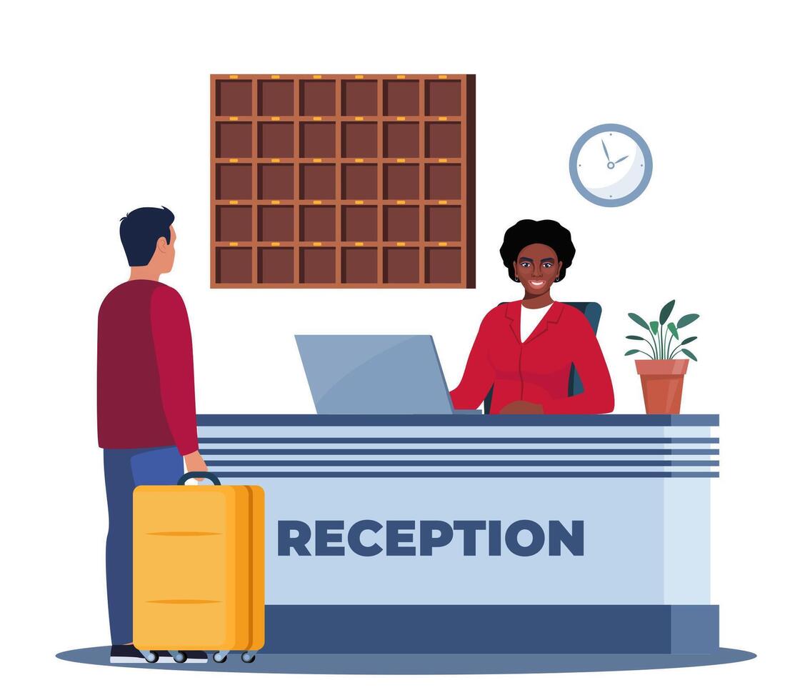 Hotel lobby, reception. Black woman receptionist behind the desk, guest with baggage checking in. Hotel Arriving. Tourism, business trip concept. Interior of inn. illustration. vector