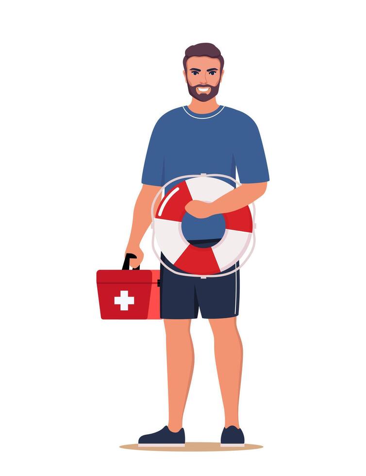 Professional beach lifeguard standing with lifebuoy and red medical first aid kit box. Young man works in emergency aid on the beach. Security staff, safety on water worker. illustration. vector