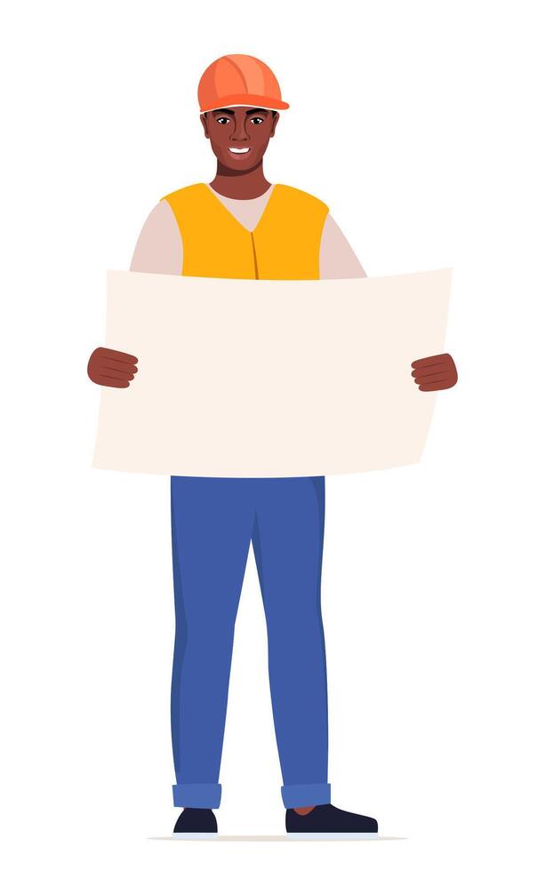 Black man engineer. Construction Worker in uniform and orange protective helmet, holding drawing in his hands. Head of construction works. illustration. vector