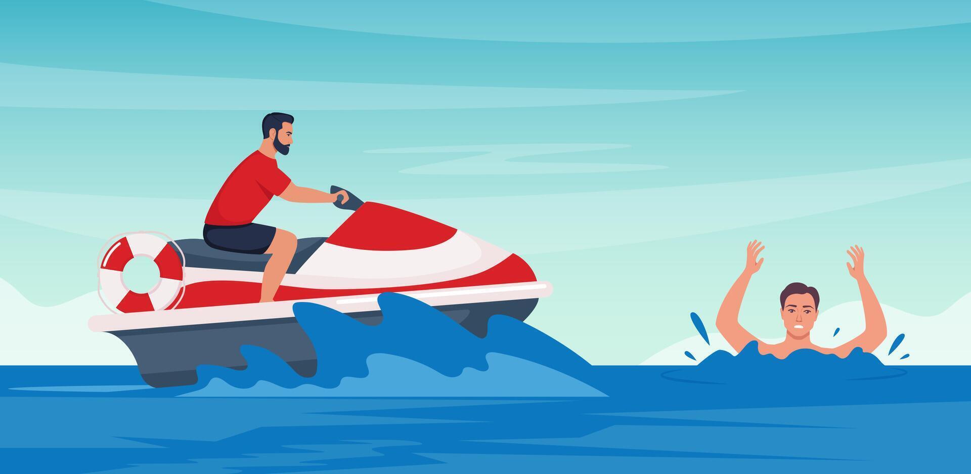 Beach lifeguard drives water scooter, rushing to save a drowning man. Rescuer provides emergency aid, lifesaving. illustration. vector