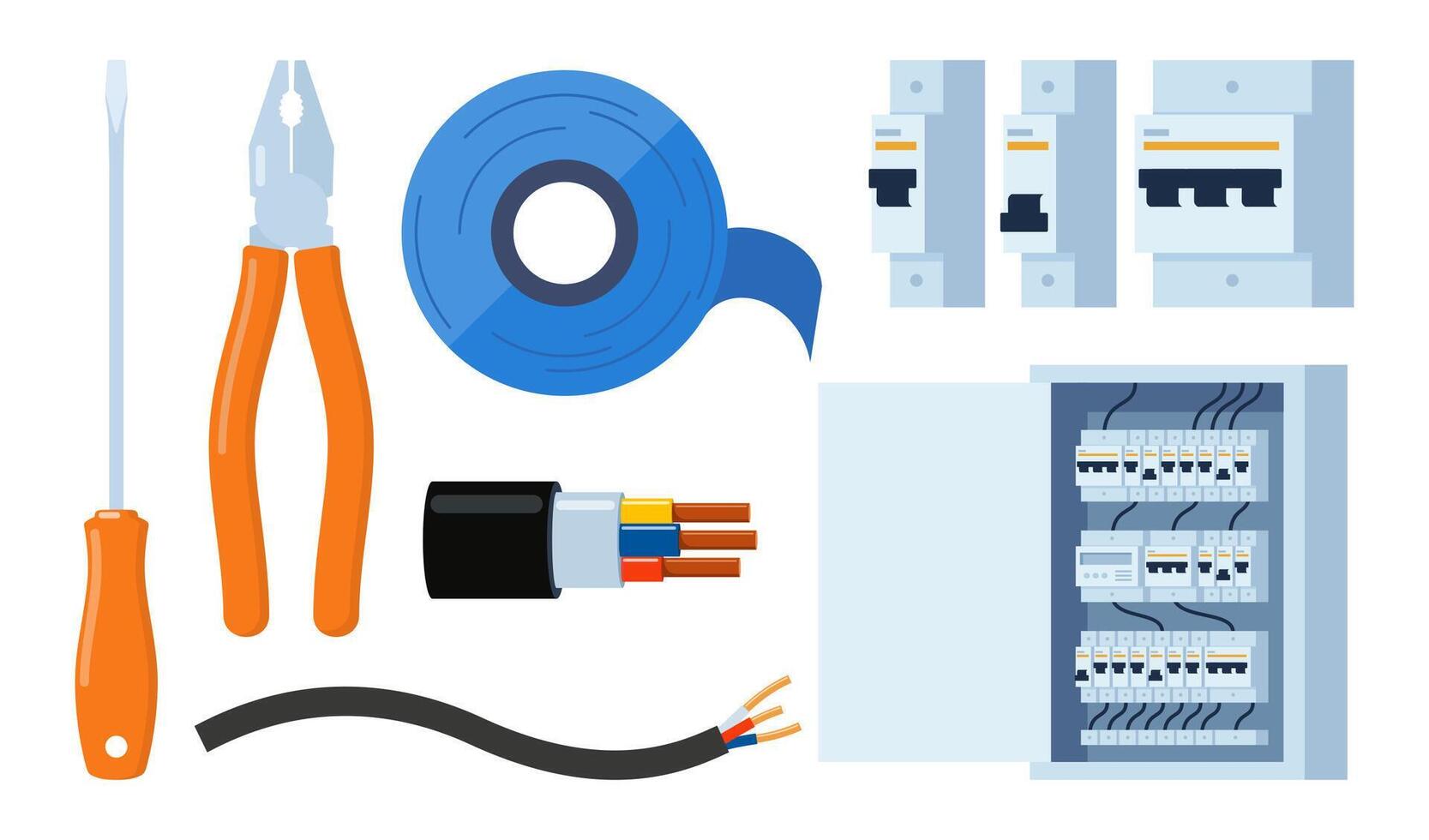 Essential Electrical Repair Tools for Professional Technician, Socket Maintenance Service. Electrician worker equipment for electric power system inspection. Electricity, energy concept. . vector